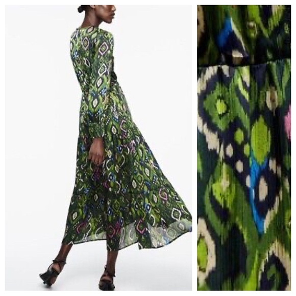 NWT. Zara Multicolored Printed Lace Inserts V-neck Midi Dress. Size S. - Picture 4 of 11